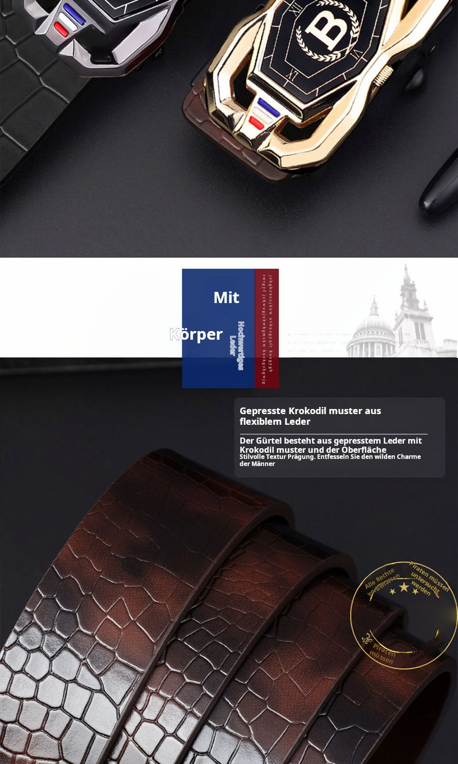 🐊Férfi bőröv, elegáns krokodilbőr mintával, automatikus csatral, marhabőrből készült.